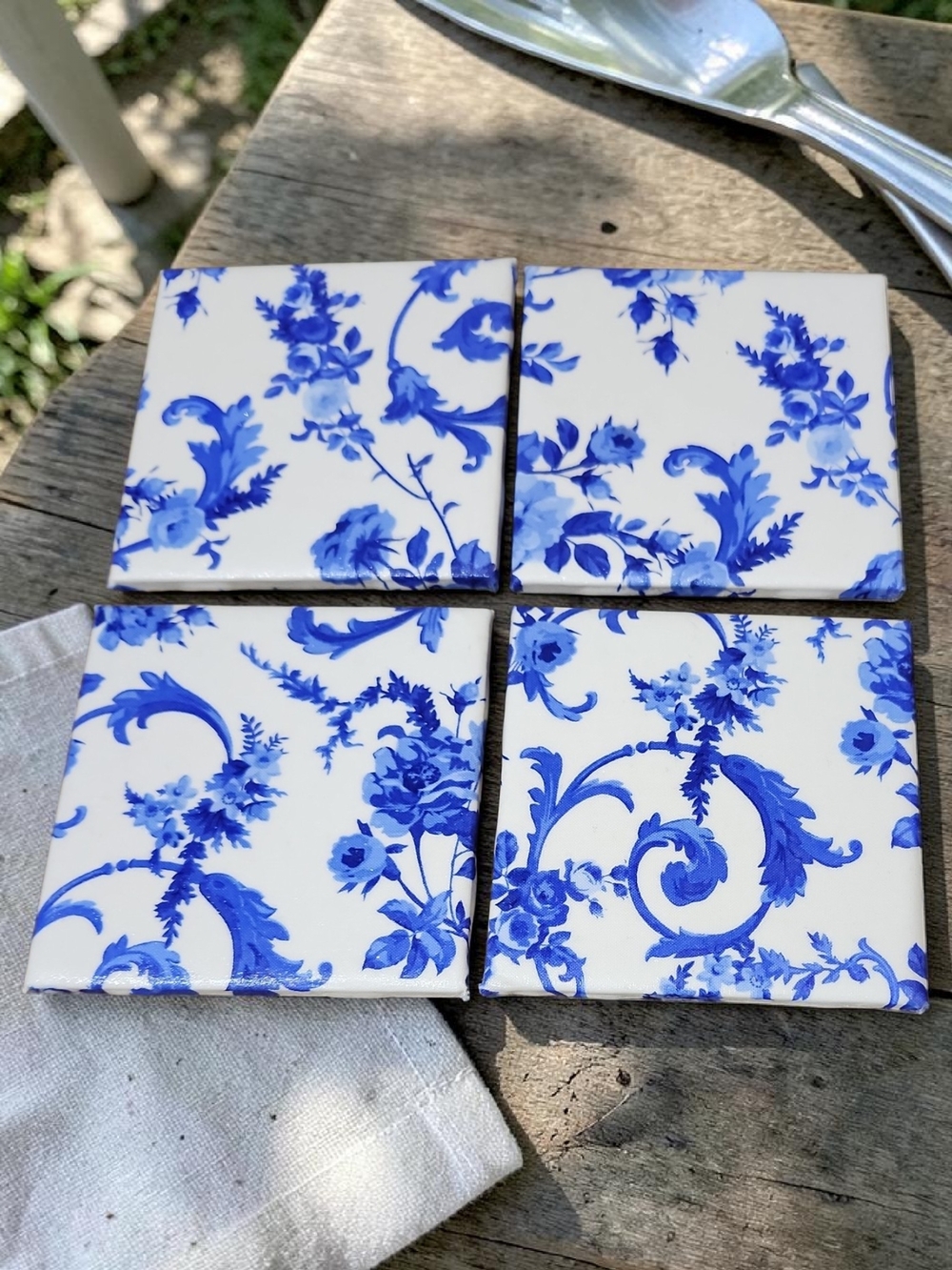 Hand Crafted Blue and White Floral Coasters - Picture 2 of 2